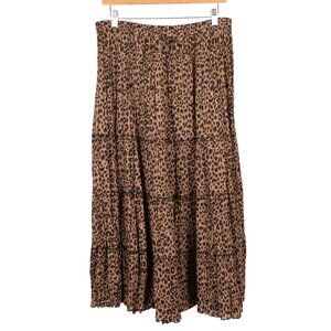 Y2K Leopard Print Maxi Skirt L 12 14 Tiered Brown Boho Indie Festival Whimsy
